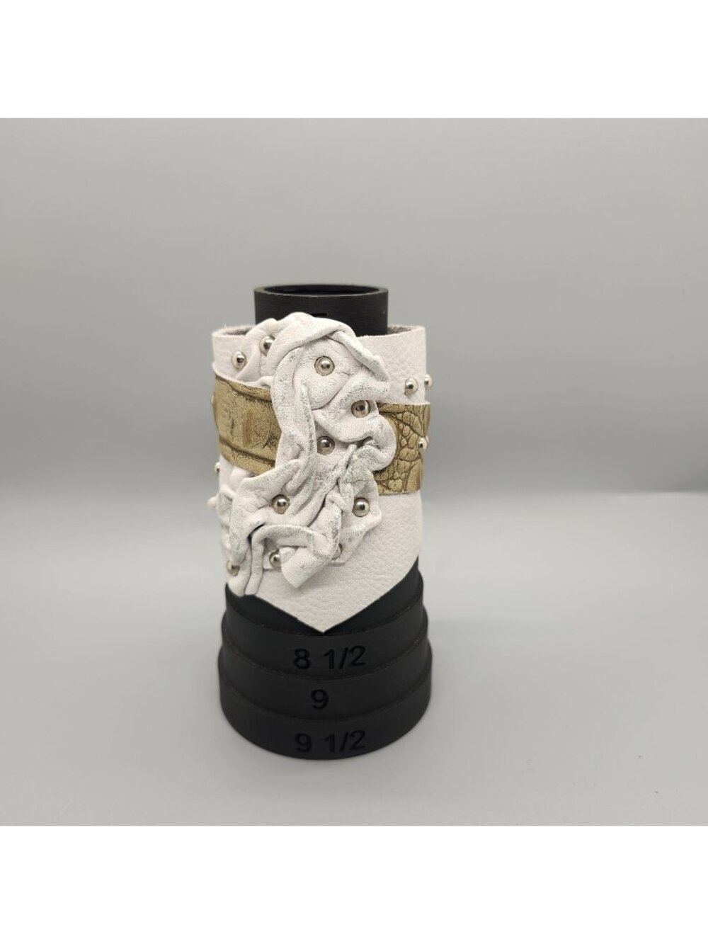 White & Gold Leather Cuff Bracelet With Stud Accents & Textured Design